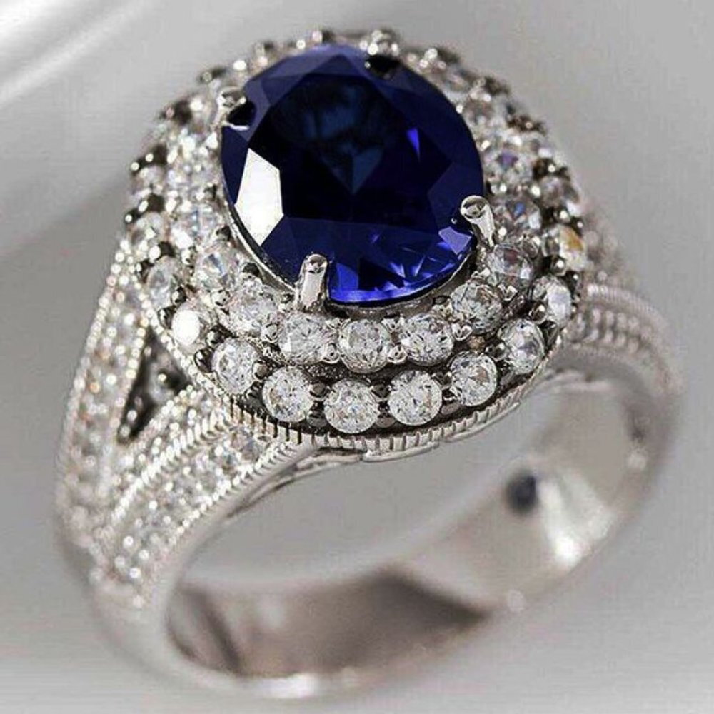 😍Silver Plated Royal Blue CZ Wedding/Engagement Ring for Women, K973 - Picture 4 of 5